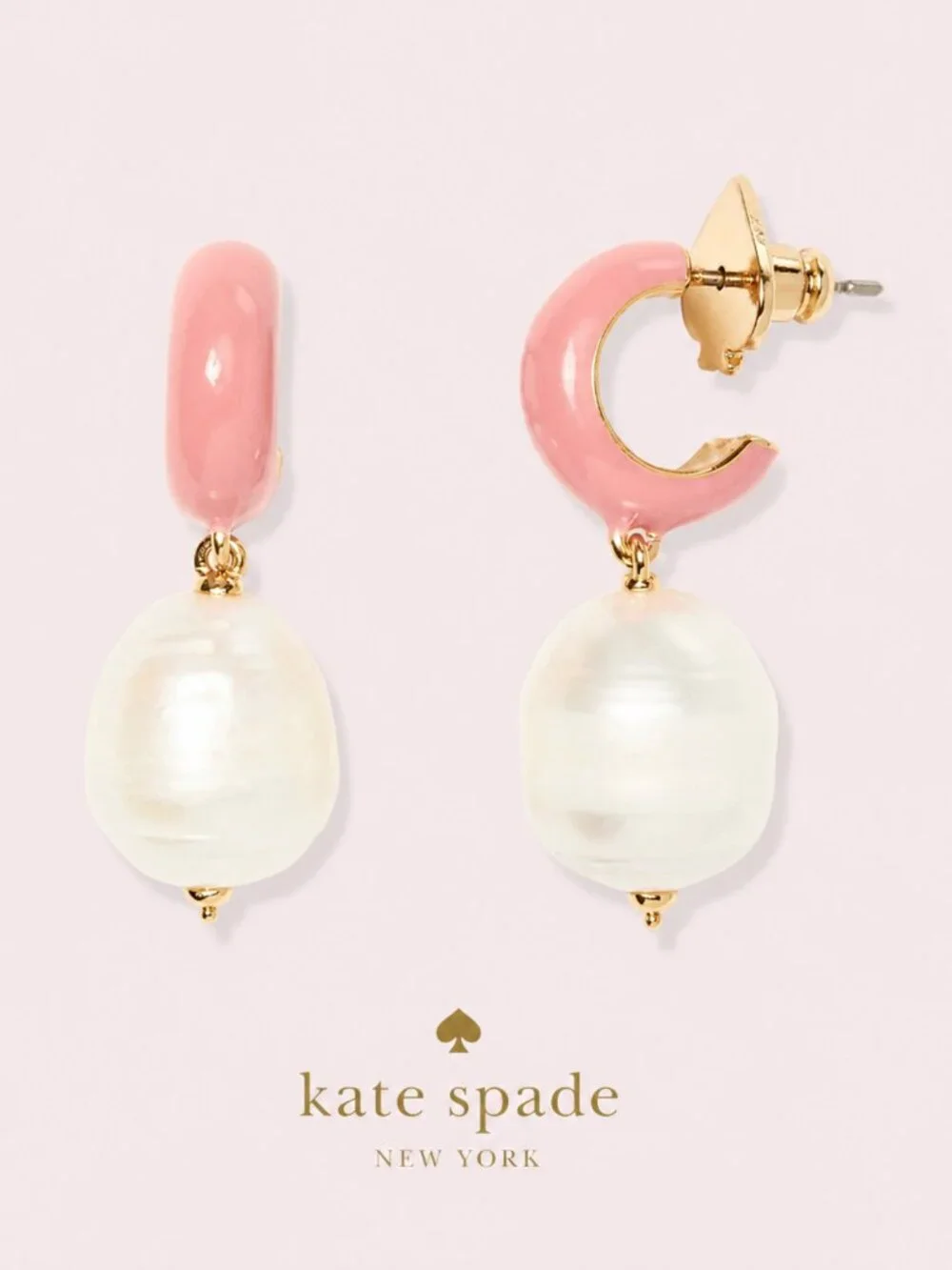 Kate Spade Pink Enamel Huggie Hoop Faux Baroque Pearl Drop Earrings